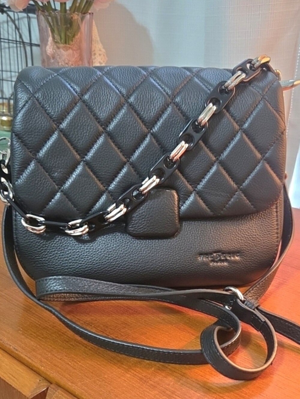 Frederic Paris Quilted Black Leather Crossbody Bag with Chain Accent